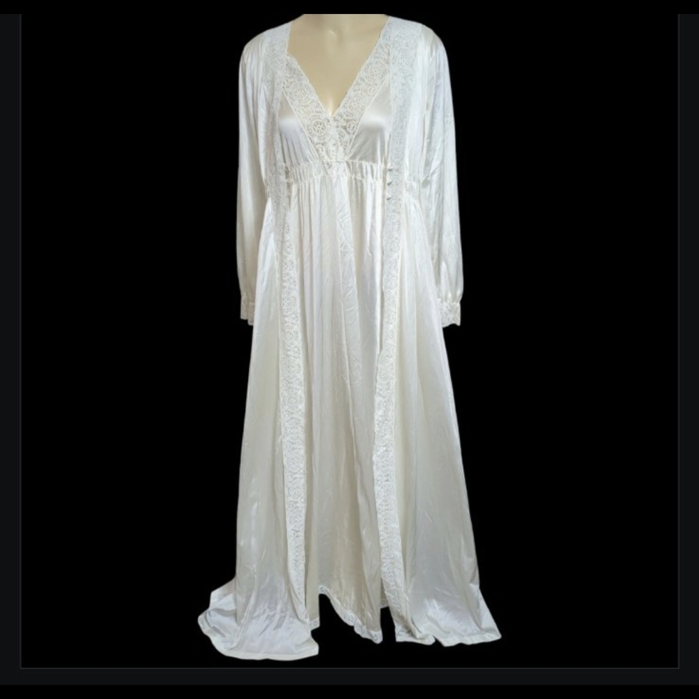 Vintage Miss Elaine 2 PC Maxi Nightgown & Robe Set Nylon Cotton Lace Trim Ivory
